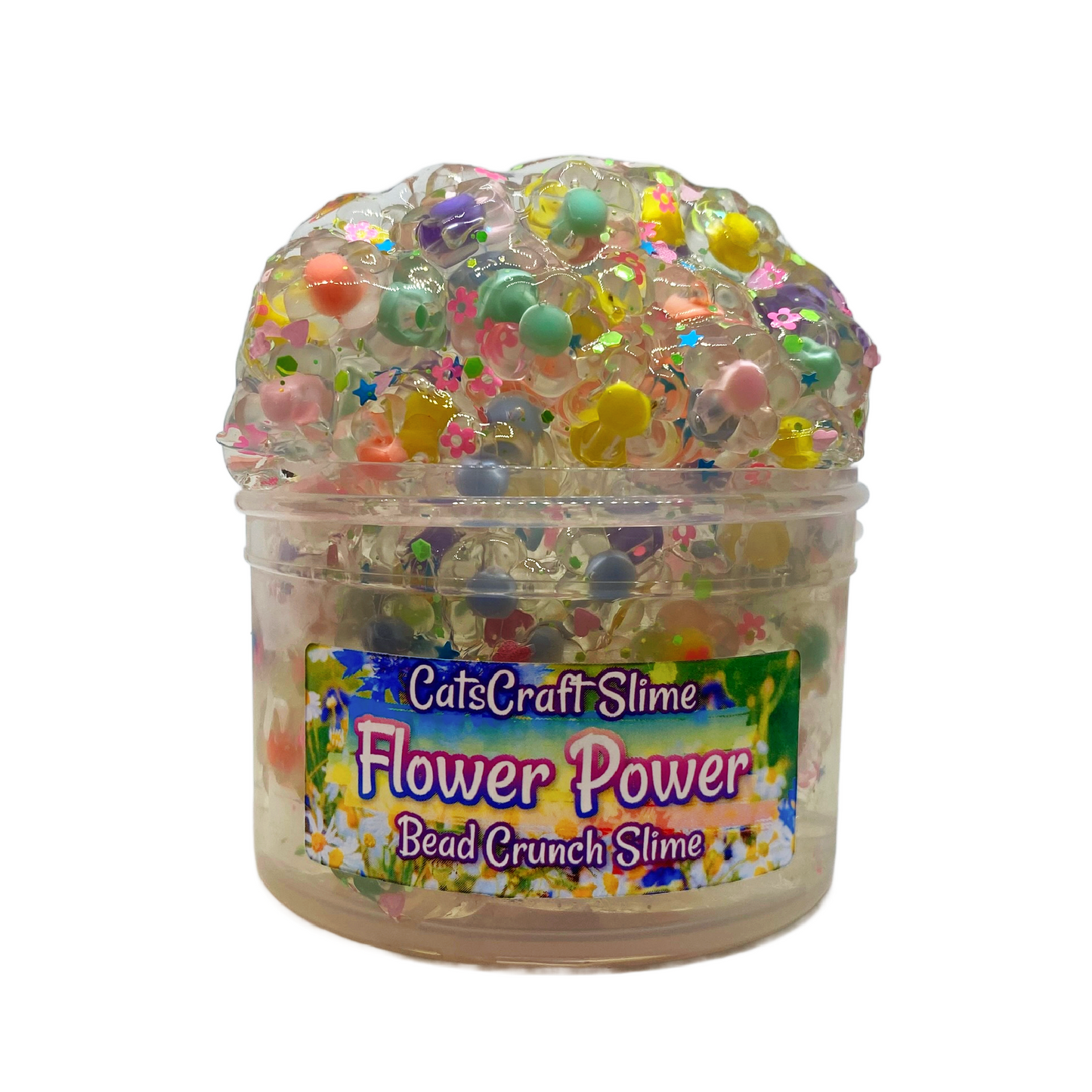 Clear container of 'Flower Power' bead crunch slime with colorful flower shaped beads in clear slime on a white background