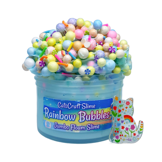 Jumbo Floam Slime "Rainbow Bubbles" SCENTED crunchy ASMR foam beads with rainbow cat charm