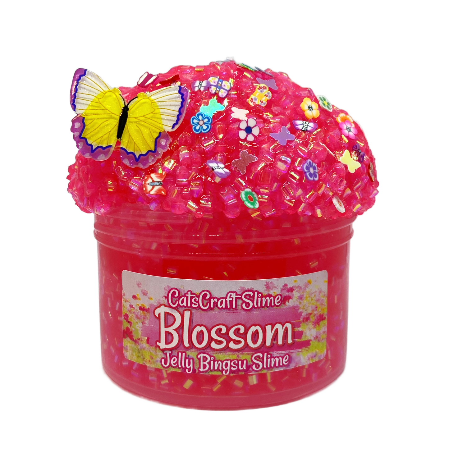 Jelly Bingsu Slime "Blossom" SCENTED clear jelly slime and bingsu bead pink crunchy ASMR With Butterfly Charm