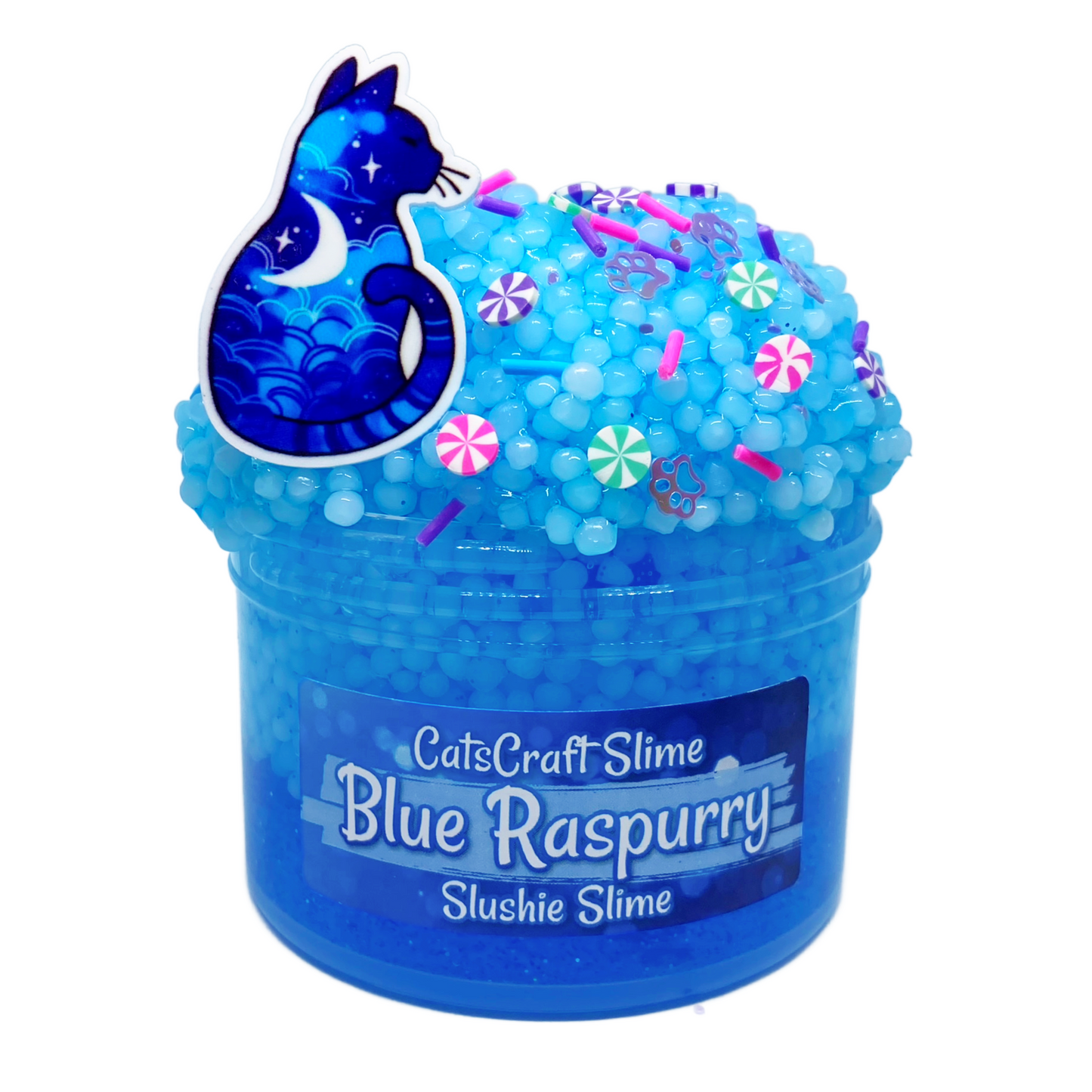 Slushie Slime "Blue Raspurry" SCENTED blue crystal clear slushee bead crunchy ASMR with cat charm