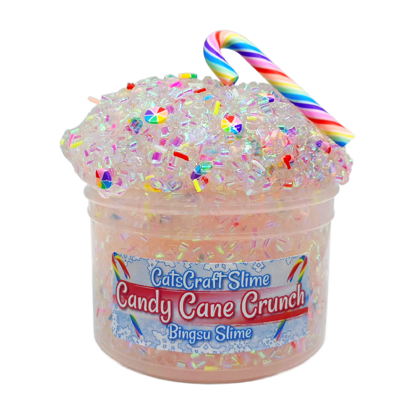Bingsu Slime "CandyCane Crunch" SCENTED clear rainbow Crunchy ASMR with candy cane Charm