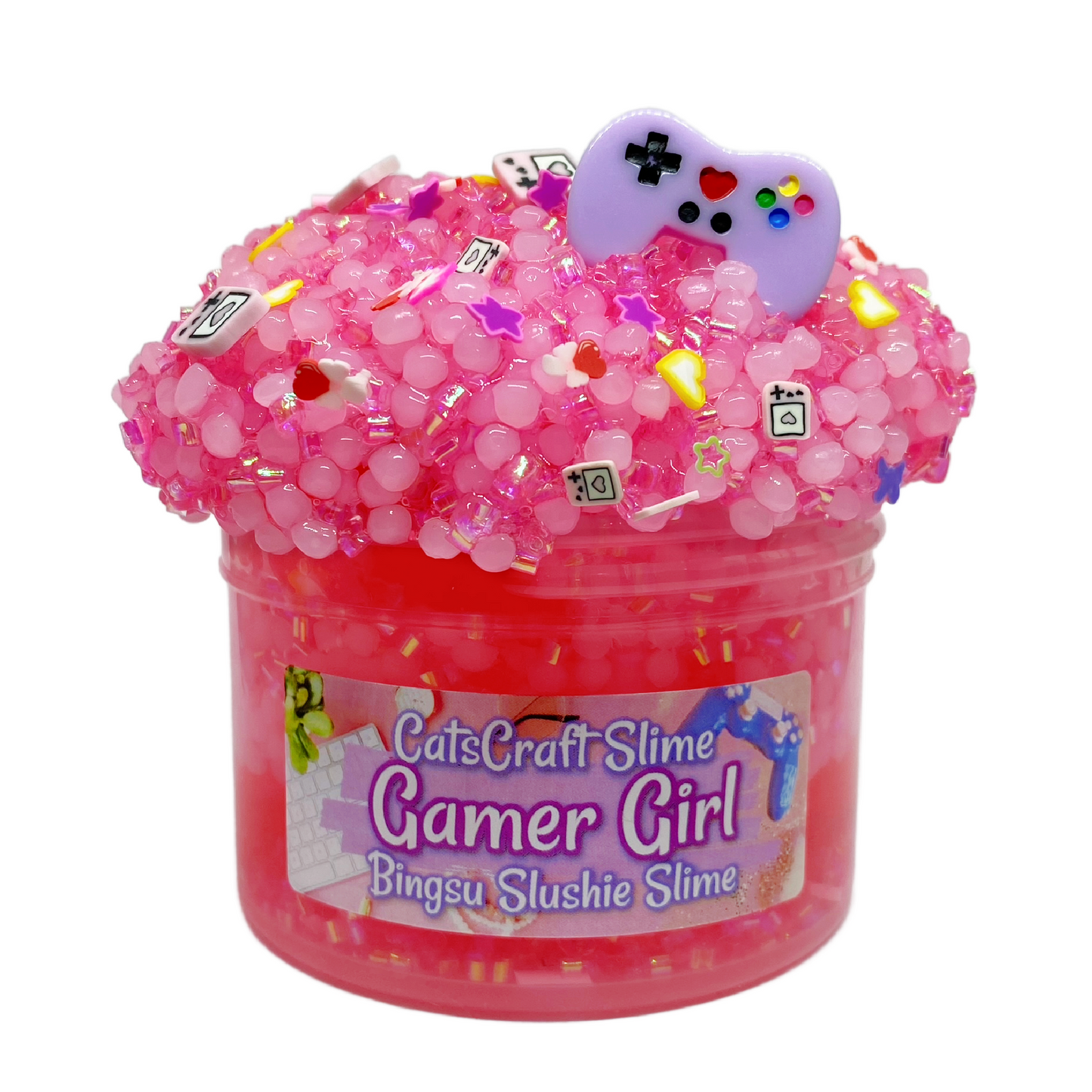 Bingsu Slushie Slime "Gamer Girl" SCENTED pink crystal clear bingsu and slushee bead crunchy ASMR With Charm
