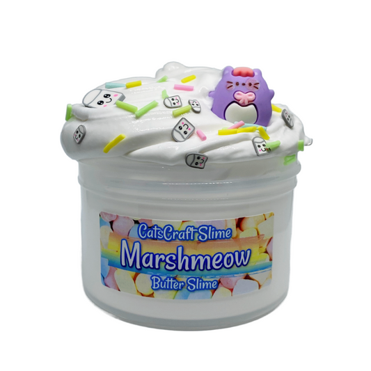 marshmeow soft butter slime white color with a purple cat charm and marshmallow sprinkles catscraft