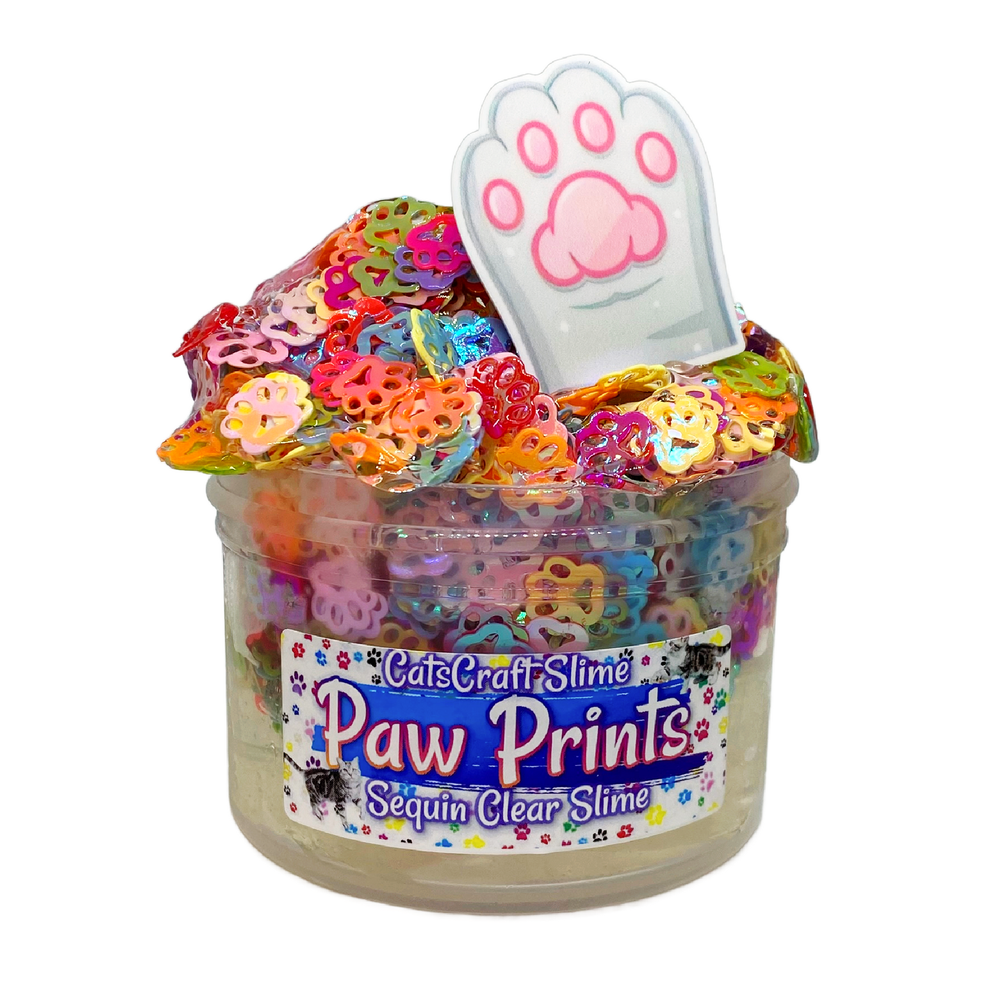 paw prints rainbow sequin crunch clear slime