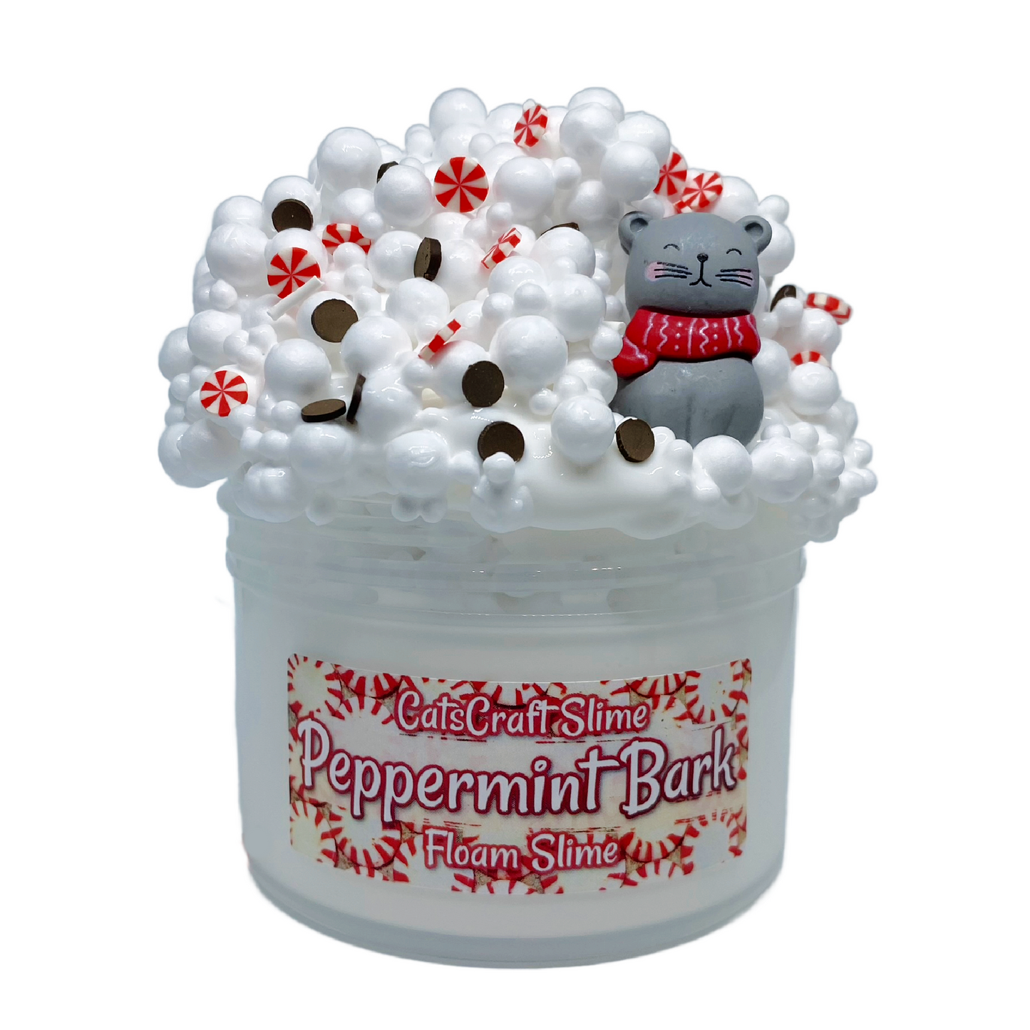 Jumbo Floam Slime "Peppermint Bark" SCENTED crunchy ASMR foam beads with cat charm