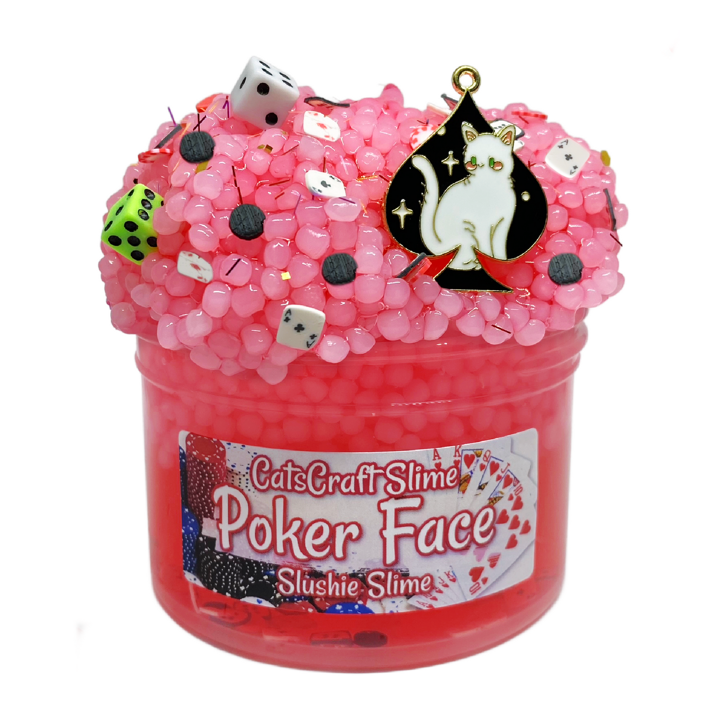 Slushie Slime "Poker Face" SCENTED red crystal clear slushee bead crunchy ASMR with cat charm