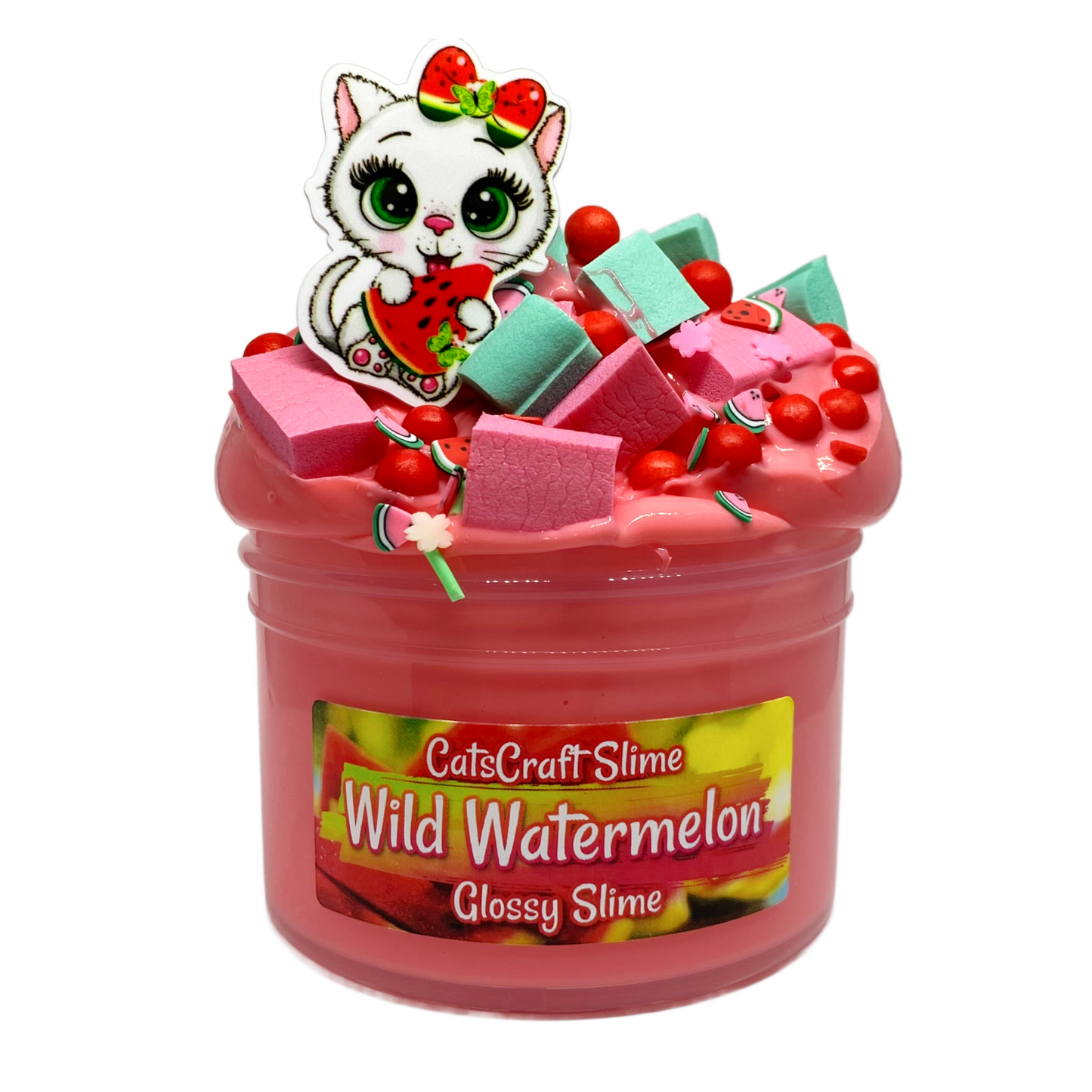 Glossy Slime "Wild Watermelon" SCENTED crunchy ASMR foam beads with cat charm