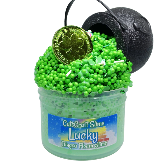 Full Floam Bingsu Slime "Lucky" SCENTED crunchy ASMR With Charm foam beads with Mini Leprechaun Pot